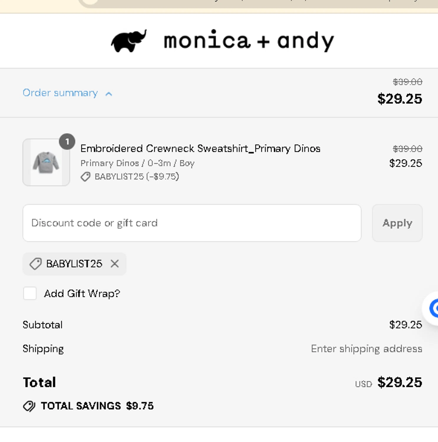 Monica + Andy promo code screenshot showing code BABYLIST25 applied at Monica + Andy checkout page. Uploaded by SimplyCodes community member AMANDA2681 on Aug 29, 2025
