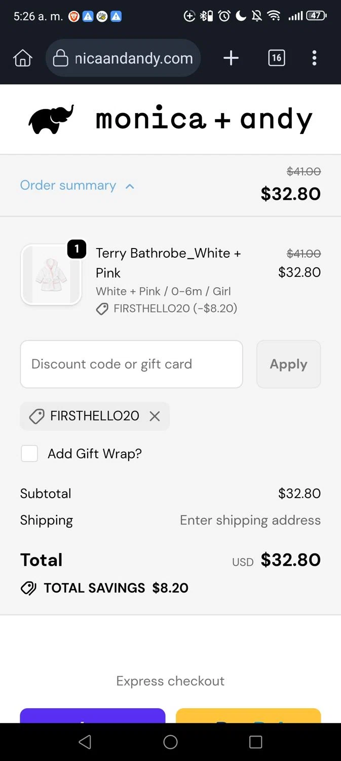 Monica + Andy promo code screenshot showing code FIRSTHELLO20 applied at Monica + Andy checkout page. Uploaded by SimplyCodes community member George09 on Dec 24, 2025