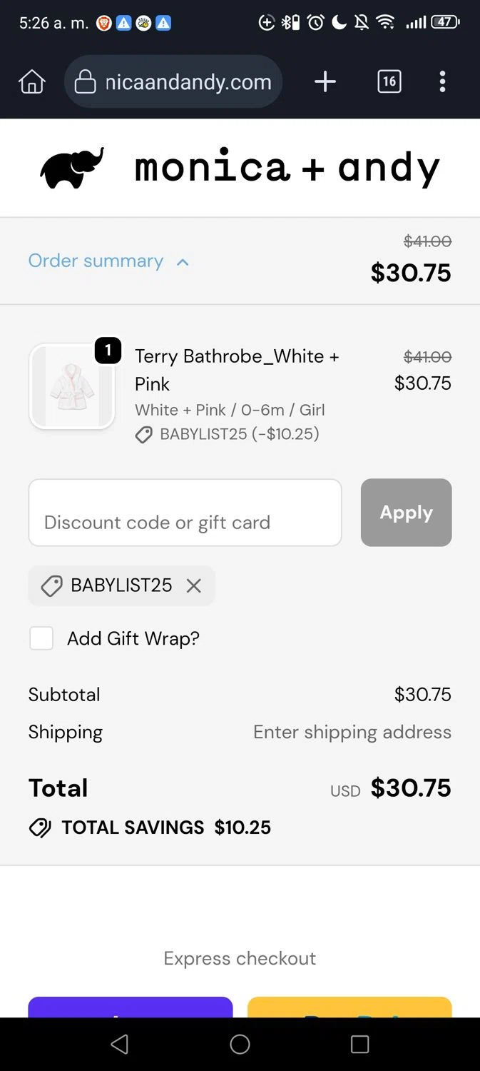 Monica + Andy promo code screenshot showing code Babylist25 applied at Monica + Andy checkout page. Uploaded by SimplyCodes community member George09 on Dec 24, 2025