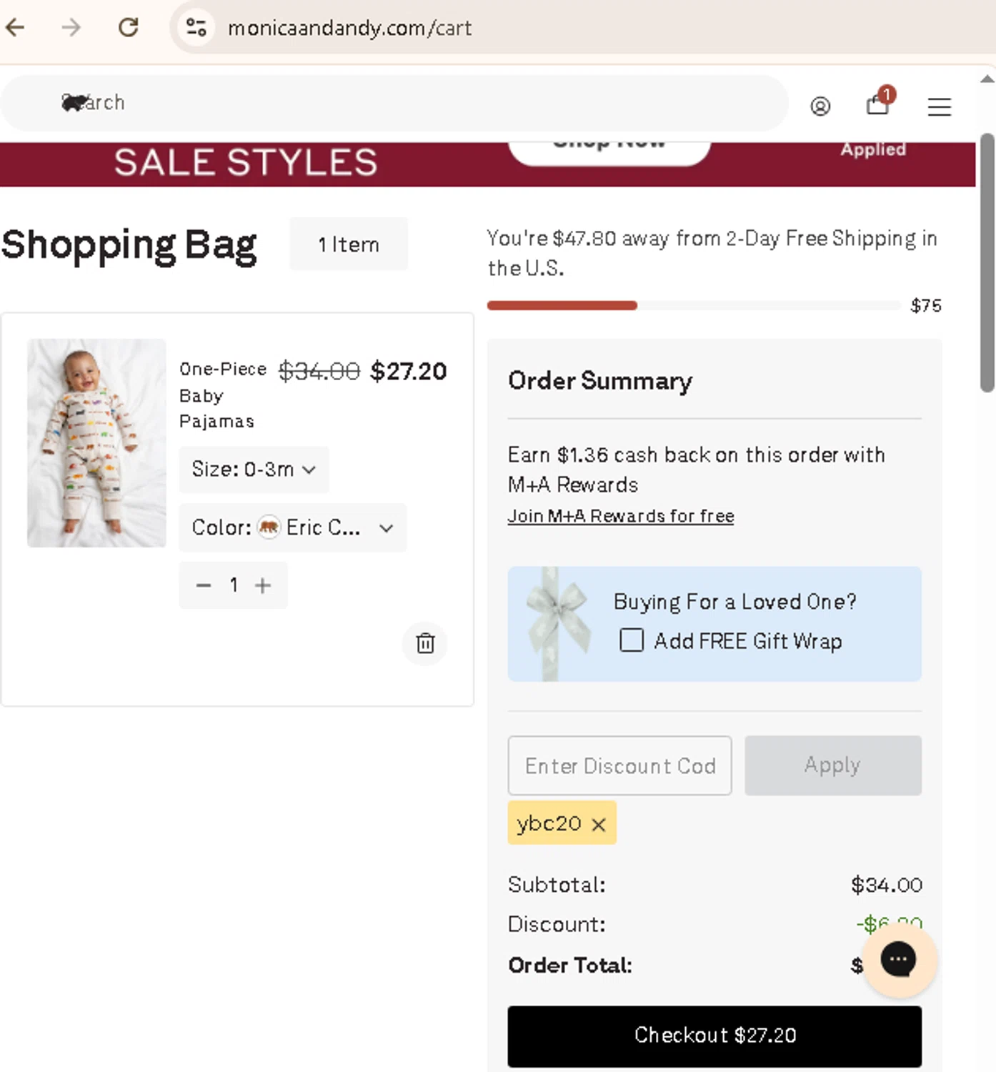 Monica + Andy promo code screenshot showing code ybc20 applied at Monica + Andy checkout page. Uploaded by SimplyCodes community member carmenamandabritoser on Dec 17, 2025