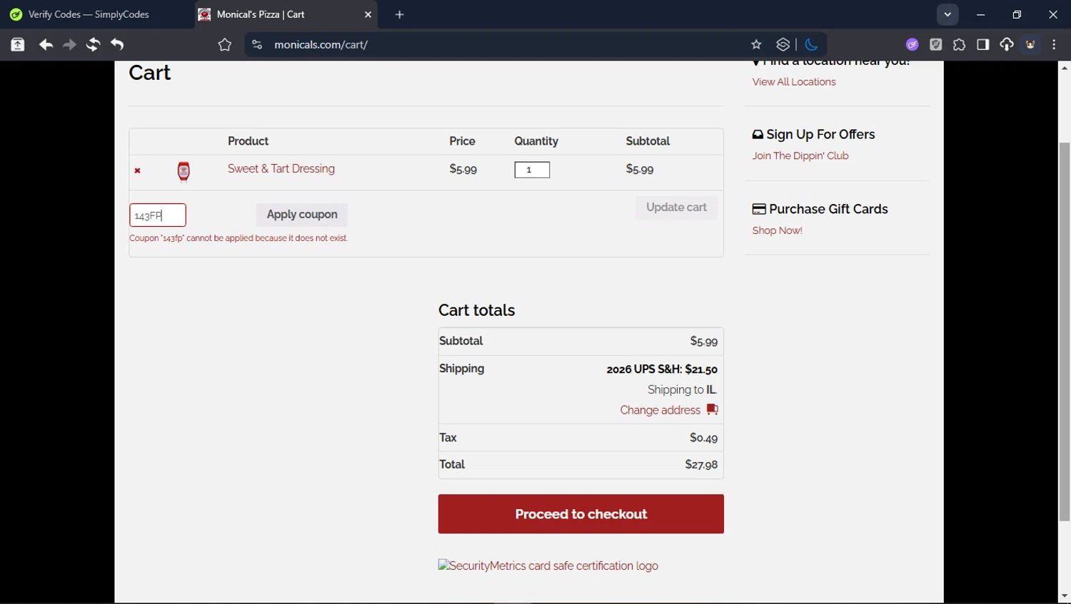 Monical's Pizza Restaurant promo code screenshot showing code 143FP applied at Monical's Pizza Restaurant checkout page. Uploaded by SimplyCodes community member LegendaryCollector6259 on Jan 27, 2026
