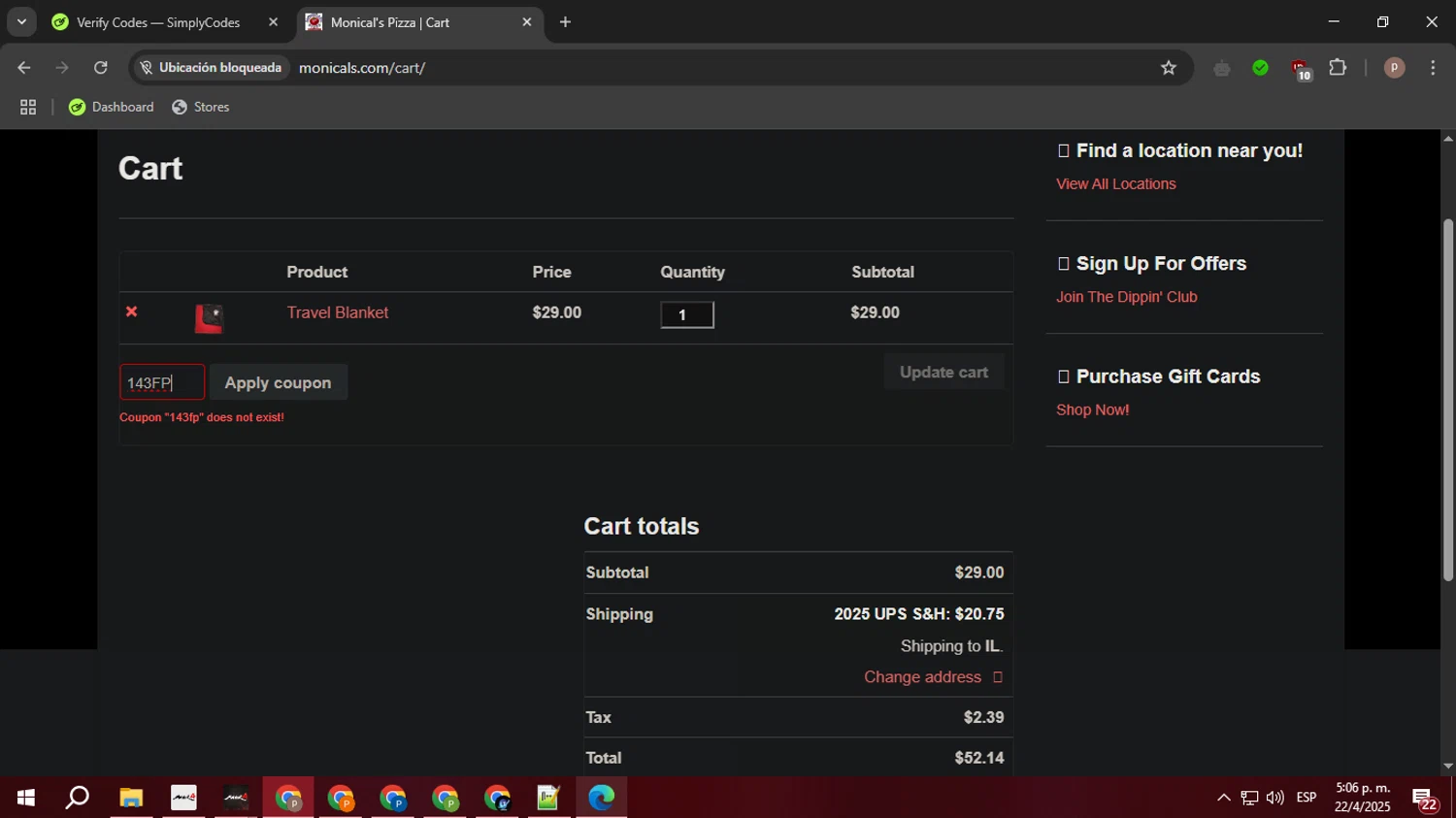 Monical's Pizza Restaurant promo code screenshot showing code 143FP applied at Monical's Pizza Restaurant checkout page. Uploaded by SimplyCodes community member PrimeTiger1163 on Apr 22, 2025