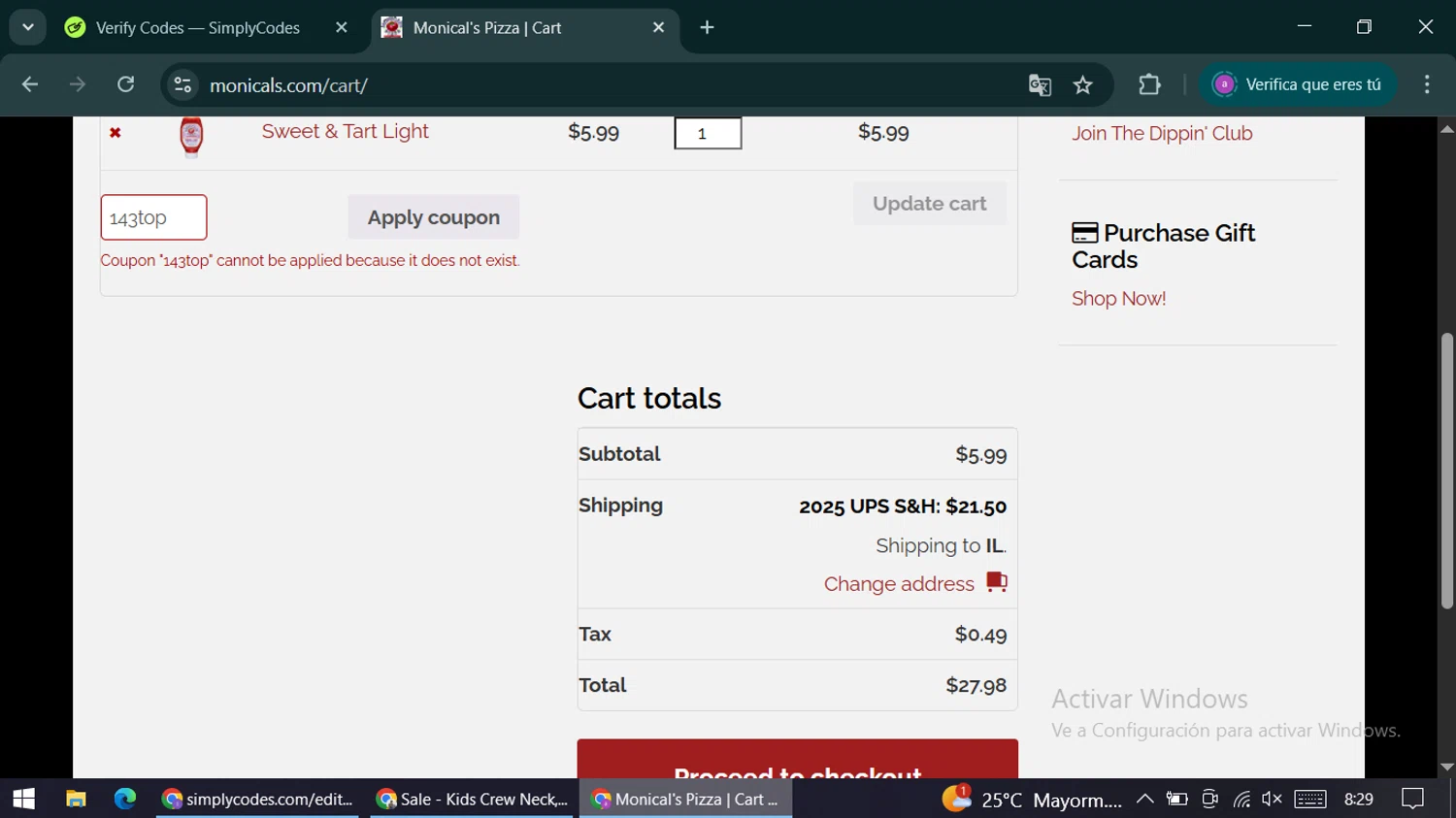 Monical's Pizza Restaurant promo code screenshot showing code 143top applied at Monical's Pizza Restaurant checkout page. Uploaded by SimplyCodes community member alexandracarolina on Dec 24, 2025