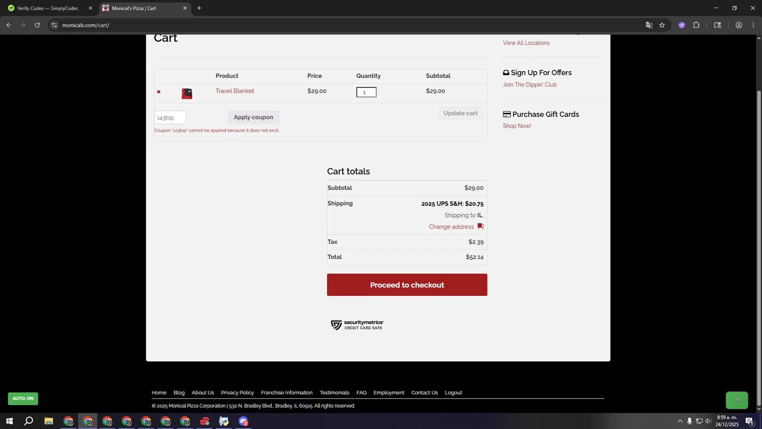 Monical's Pizza Restaurant promo code screenshot showing code 143top applied at Monical's Pizza Restaurant checkout page. Uploaded by SimplyCodes community member aaaaaaaaaaaaaaaa on Dec 24, 2025