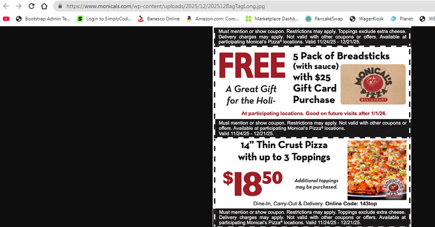 Monical's Pizza Restaurant checkout page showing Monical's Pizza Restaurant promo code box | Screenshot taken by SimplyCodes community member on Dec 18, 2025