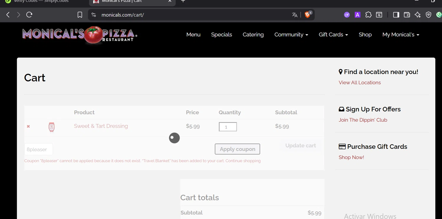 Monical's Pizza Restaurant promo code screenshot showing code 8pleaser applied at Monical's Pizza Restaurant checkout page. Uploaded by SimplyCodes community member CashElite5536 on Oct 6, 2025