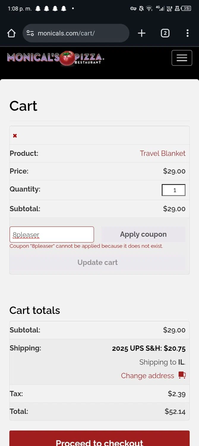 Monical's Pizza Restaurant promo code screenshot showing code 8pleaser applied at Monical's Pizza Restaurant checkout page. Uploaded by SimplyCodes community member Sasuk3 on Oct 6, 2025