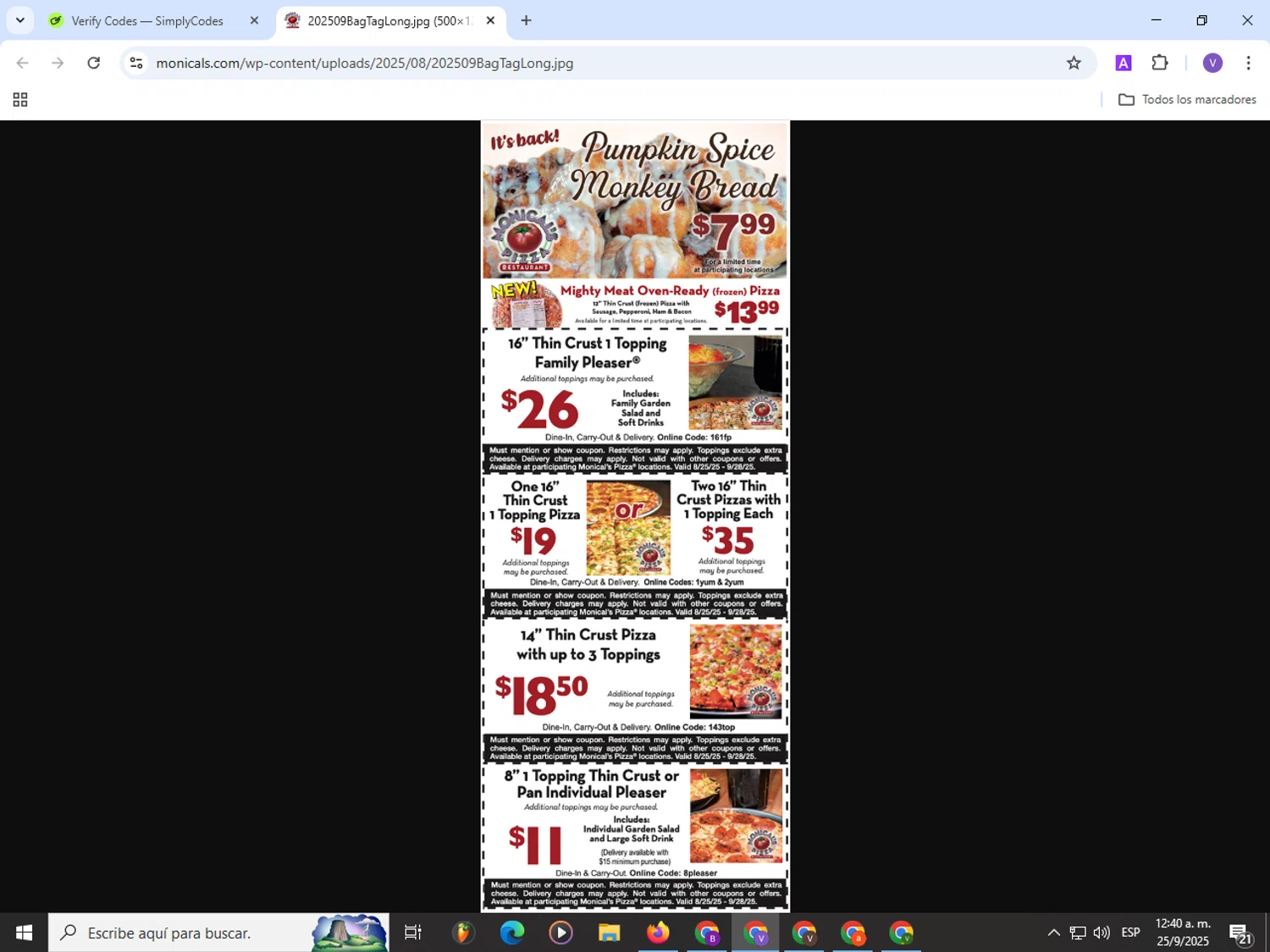 Monical's Pizza Restaurant promo code screenshot showing code 8pleaser applied at Monical's Pizza Restaurant checkout page. Uploaded by SimplyCodes community member Satoru_gojo on Sep 25, 2025
