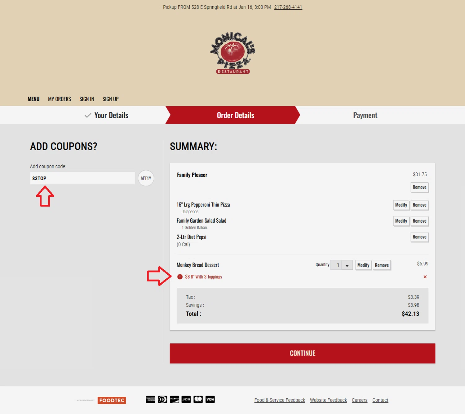 Monical's Pizza Restaurant checkout page showing Monical's Pizza Restaurant promo code box | Screenshot taken by SimplyCodes community member on Jan 11, 2026