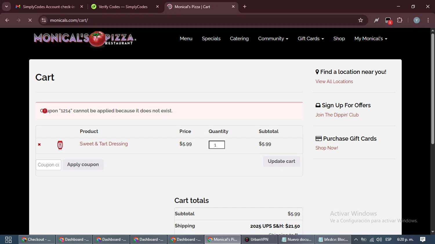 Monical's Pizza Restaurant promo code screenshot showing code 1214 applied at Monical's Pizza Restaurant checkout page. Uploaded by SimplyCodes community member MoneyTiger5162 on Nov 10, 2025