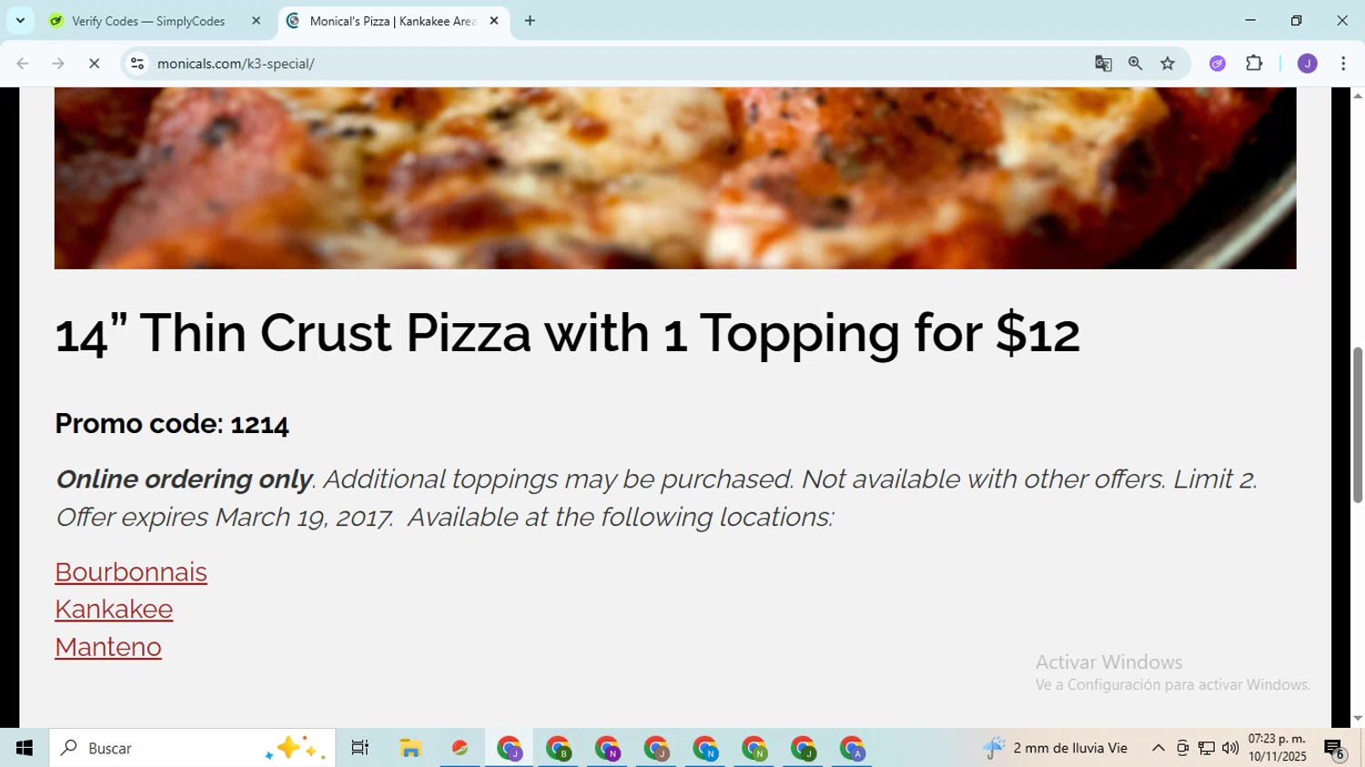 Monical's Pizza Restaurant promo code screenshot showing code 1214 applied at Monical's Pizza Restaurant checkout page. Uploaded by SimplyCodes community member PromoHunter9043 on Nov 10, 2025
