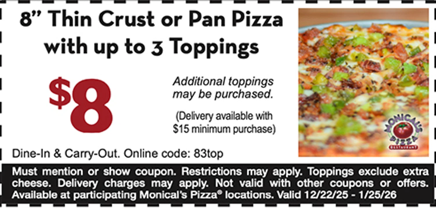 Monical's Pizza Restaurant promo code screenshot showing code 83top applied at Monical's Pizza Restaurant checkout page. Uploaded by SimplyCodes community member RonaldAcunaJr on Jan 12, 2026
