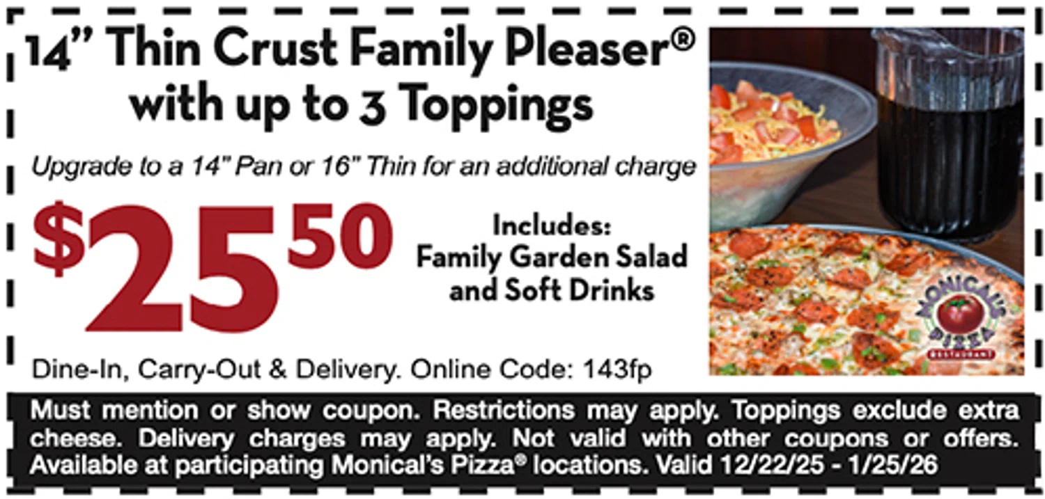 Monical's Pizza Restaurant promo code screenshot showing code 143fp applied at Monical's Pizza Restaurant checkout page. Uploaded by SimplyCodes community member RonaldAcunaJr on Jan 5, 2026