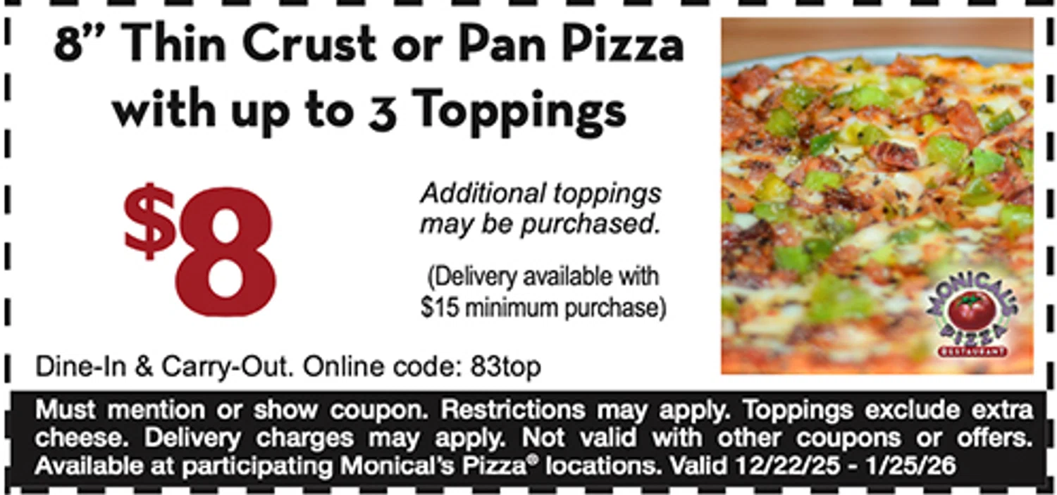 Monical's Pizza Restaurant promo code screenshot showing code 83top applied at Monical's Pizza Restaurant checkout page. Uploaded by SimplyCodes community member RonaldAcunaJr on Jan 18, 2026