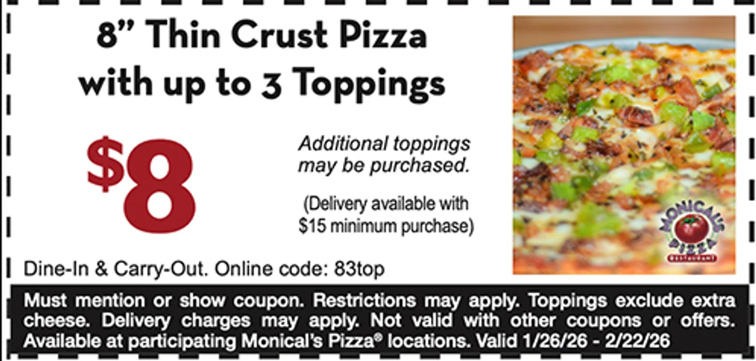 Monical's Pizza Restaurant promo code screenshot showing code 83top applied at Monical's Pizza Restaurant checkout page. Uploaded by SimplyCodes community member RonaldAcunaJr on Jan 26, 2026
