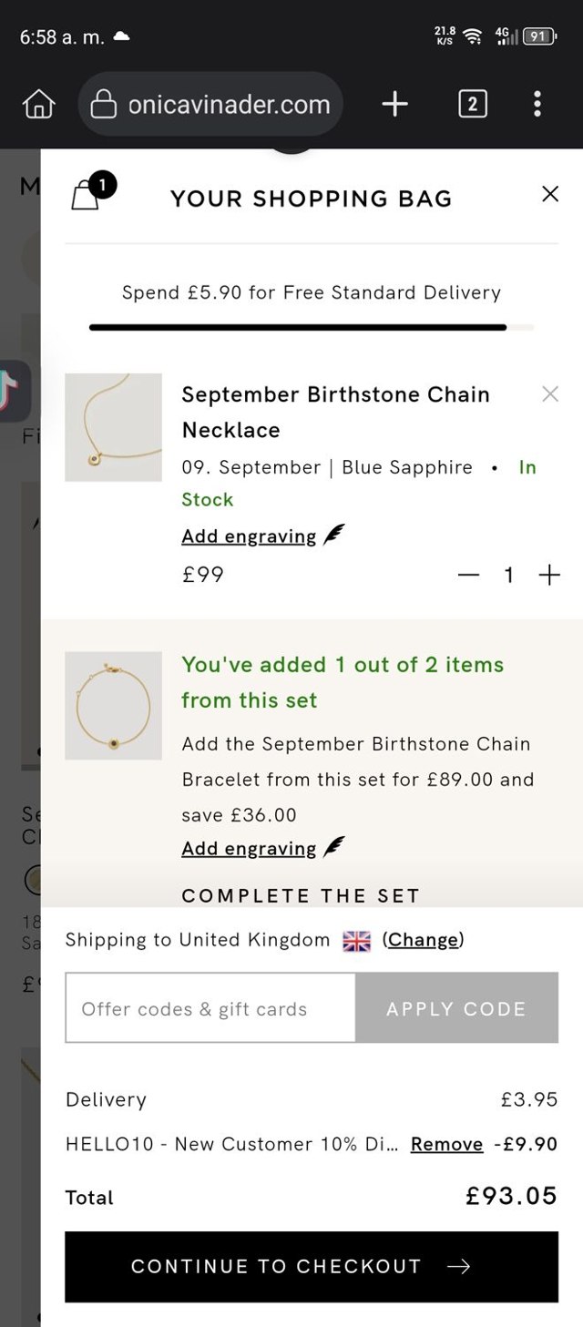 Monica Vinader checkout page showing Monica Vinader discount code box | Screenshot taken by SimplyCodes community member on Aug 21, 2025