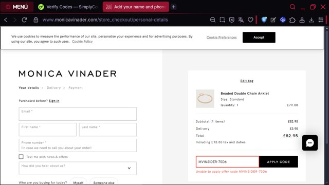 Monica Vinader checkout page showing Monica Vinader discount code box | Screenshot taken by SimplyCodes community member on Aug 24, 2025