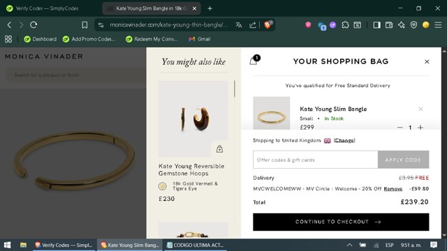 Monica Vinader checkout page showing Monica Vinader discount code box | Screenshot taken by SimplyCodes community member on Sep 4, 2025