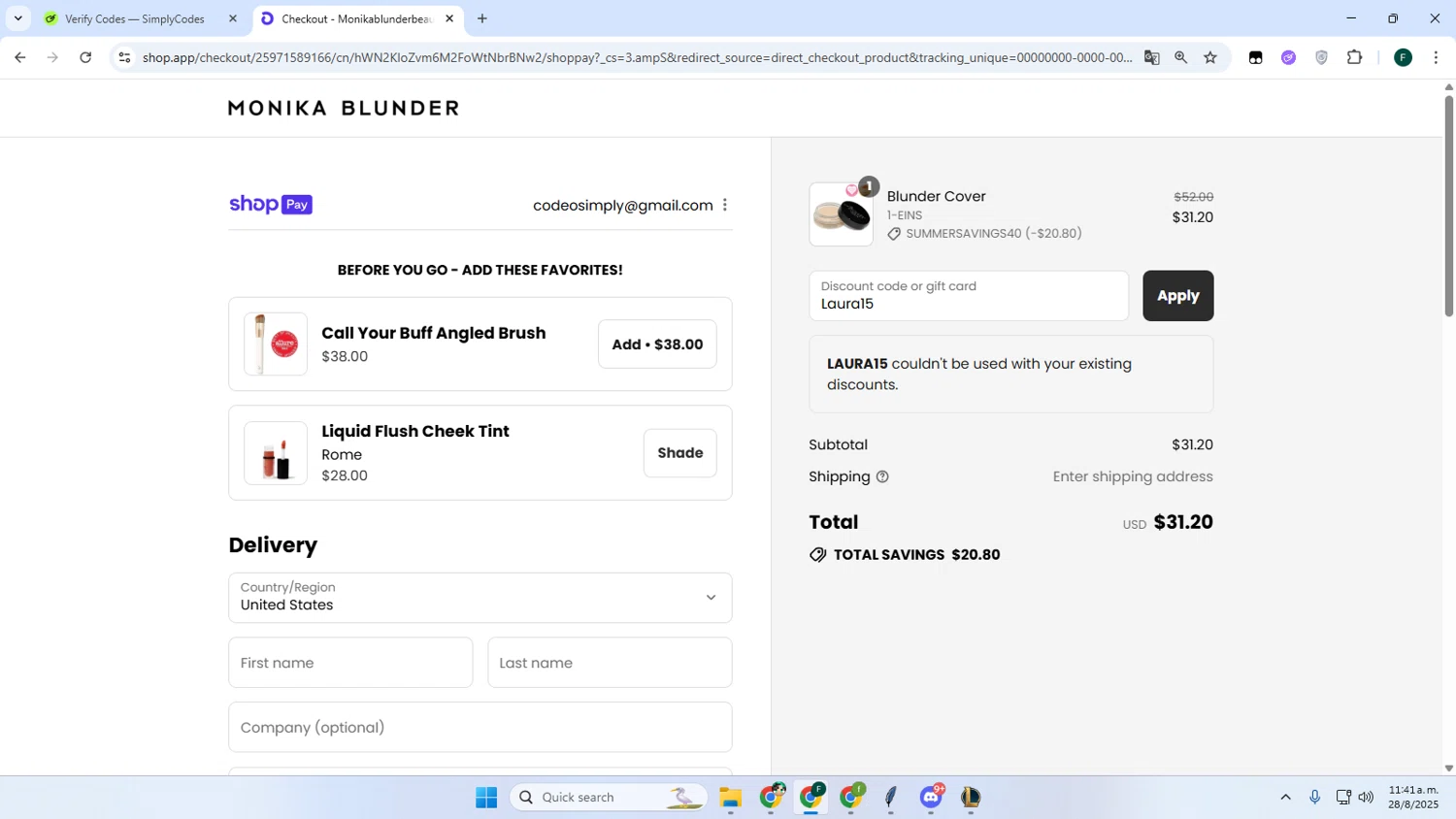 Monika Blunder Beauty promo code screenshot showing code Laura15 applied at Monika Blunder Beauty checkout page. Uploaded by SimplyCodes community member Juanse on Aug 28, 2025