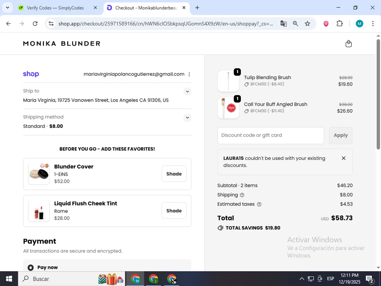 Monika Blunder Beauty promo code screenshot showing code Laura15 applied at Monika Blunder Beauty checkout page. Uploaded by SimplyCodes community member estrellaveloz on Dec 19, 2025