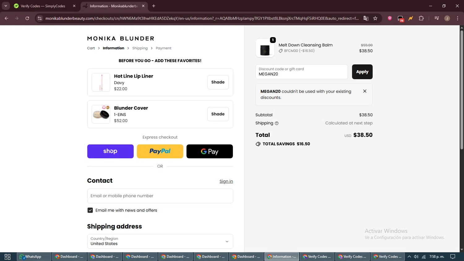 Monika Blunder Beauty promo code screenshot showing code MEGAN20 applied at Monika Blunder Beauty checkout page. Uploaded by SimplyCodes community member ShrewdAdmiral5920 on Dec 12, 2025