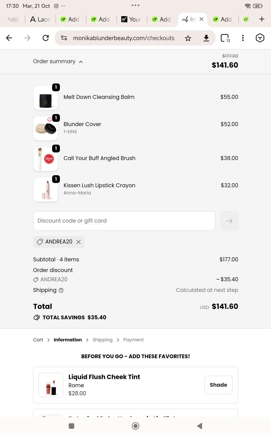 Monika Blunder Beauty promo code screenshot showing code Andrea20 applied at Monika Blunder Beauty checkout page. Uploaded by SimplyCodes community member KarinaHZ on Oct 21, 2025