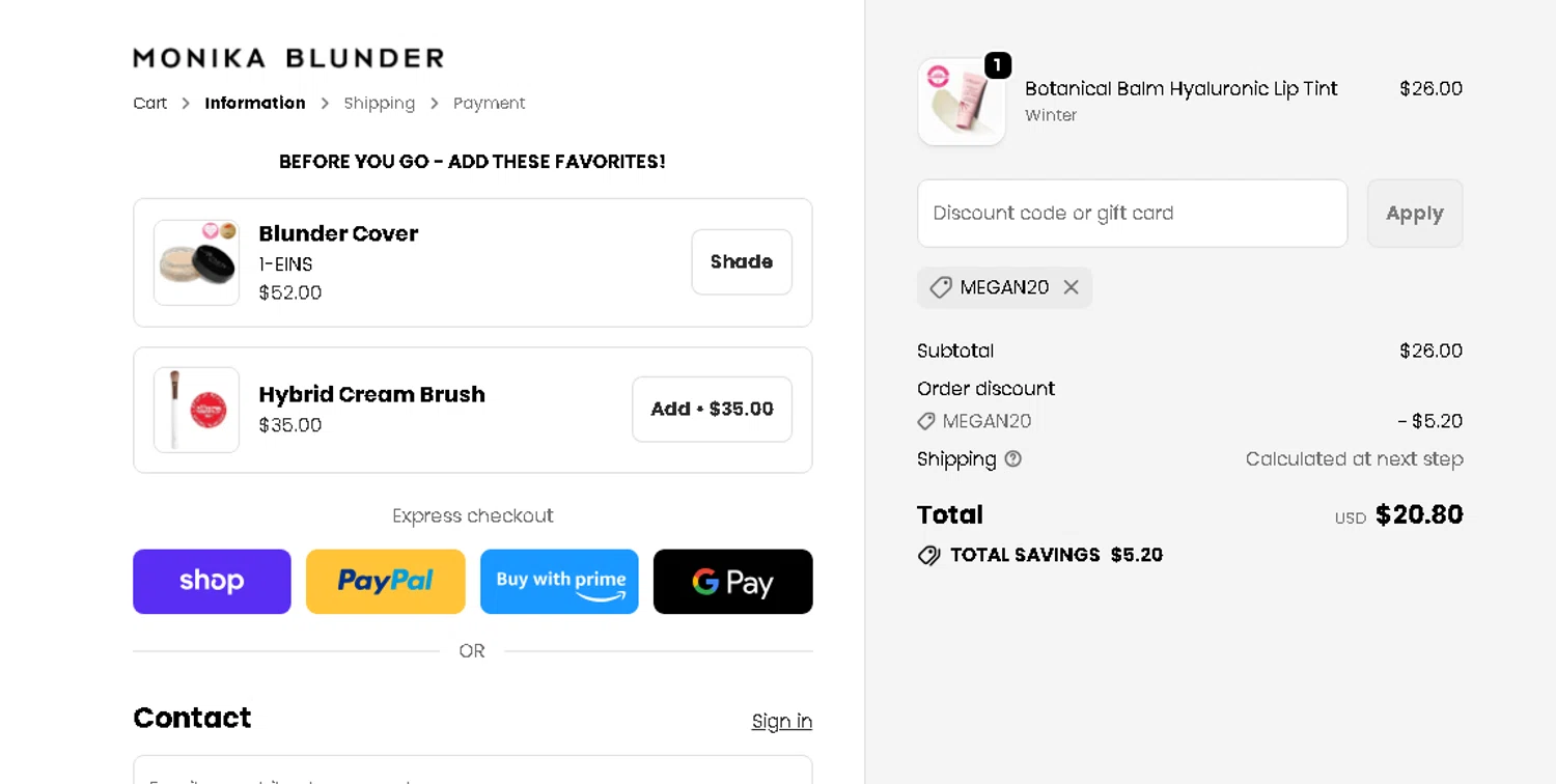 Monika Blunder Beauty promo code screenshot showing code MEGAN20 applied at Monika Blunder Beauty checkout page. Uploaded by SimplyCodes community member shark12 on Oct 29, 2025