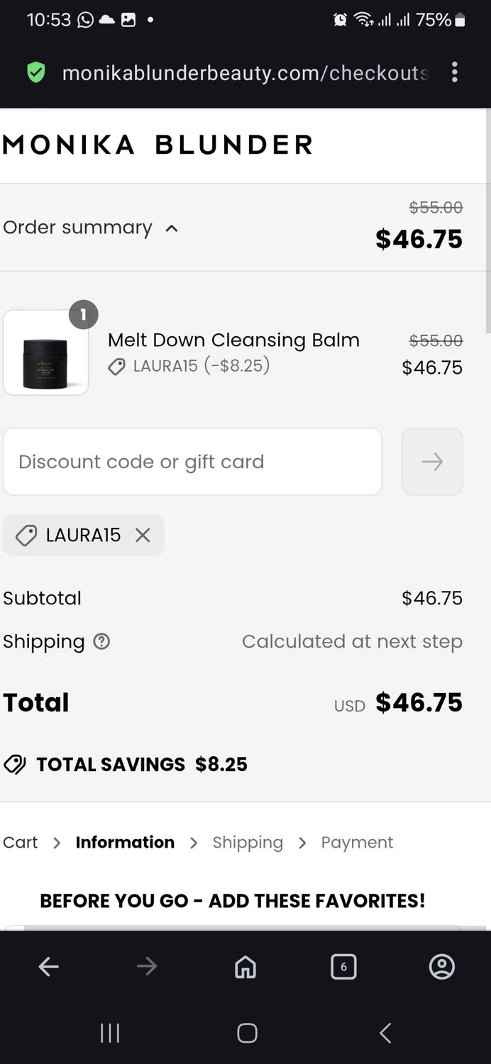 Monika Blunder Beauty promo code screenshot showing code Laura15 applied at Monika Blunder Beauty checkout page. Uploaded by SimplyCodes community member vida5254427716958 on May 13, 2025
