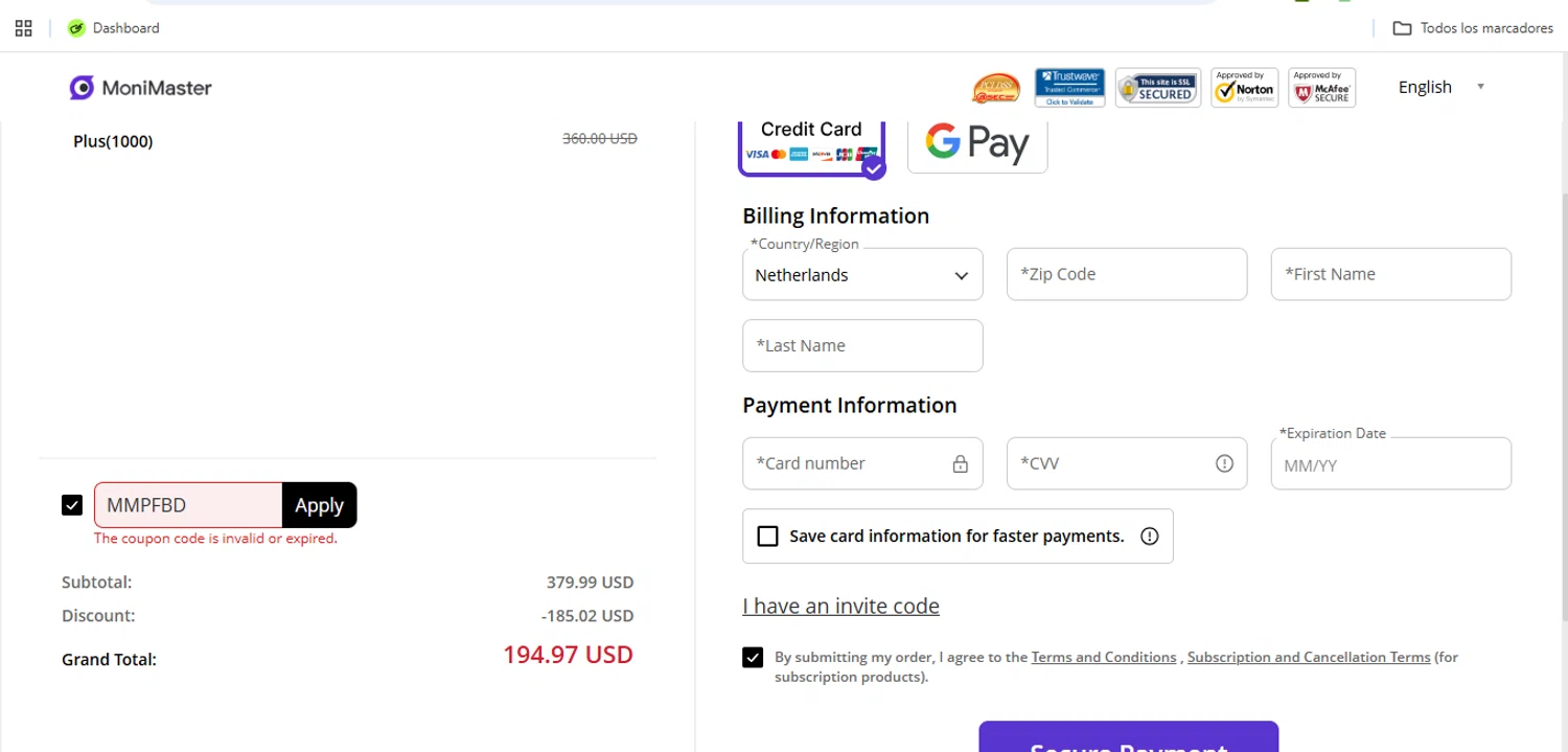 MoniMaster promo code screenshot showing code MMPFBD applied at MoniMaster checkout page. Uploaded by SimplyCodes community member Speedy on Jan 22, 2026