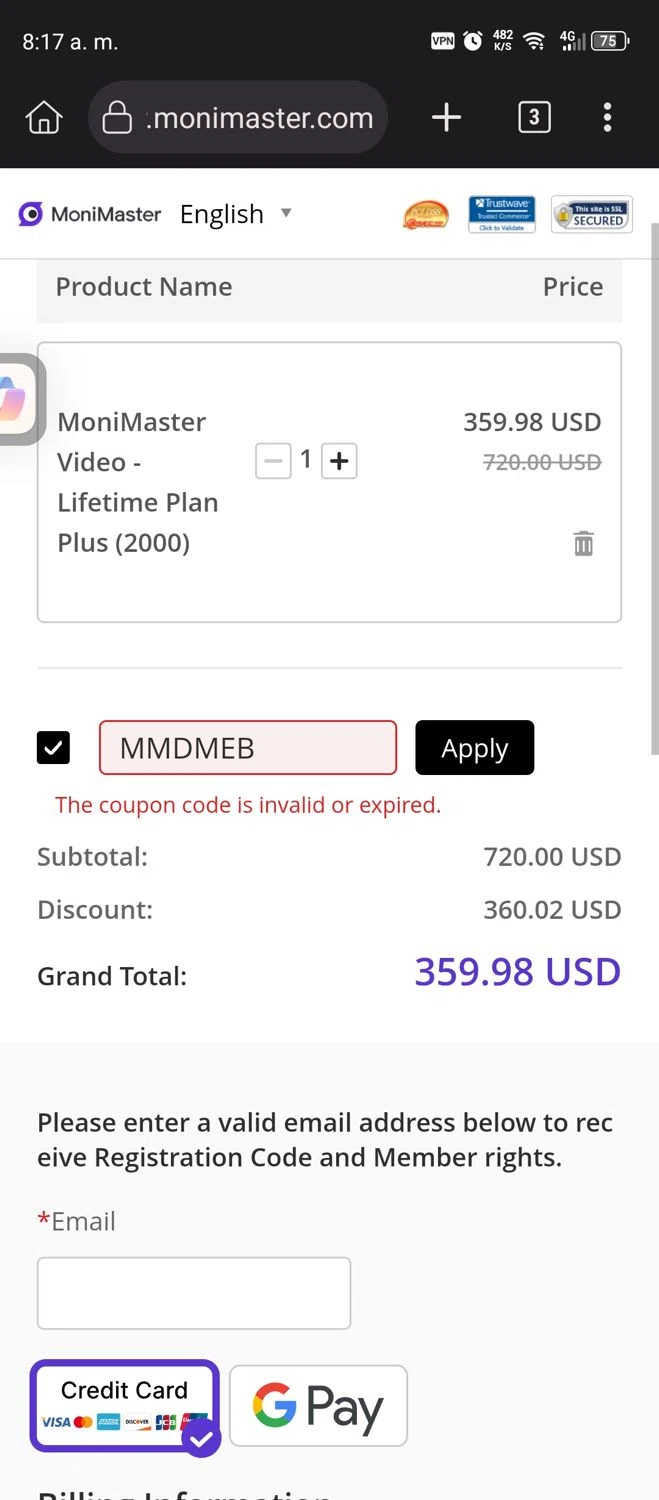 MoniMaster promo code screenshot showing code MMDMEB applied at MoniMaster checkout page. Uploaded by SimplyCodes community member Diego_Soto on Dec 20, 2025