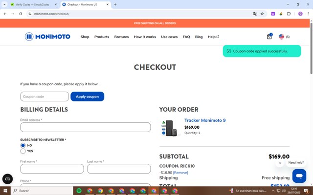 Monimoto checkout page showing Monimoto discount code box | Screenshot taken by SimplyCodes community member on Jul 29, 2025