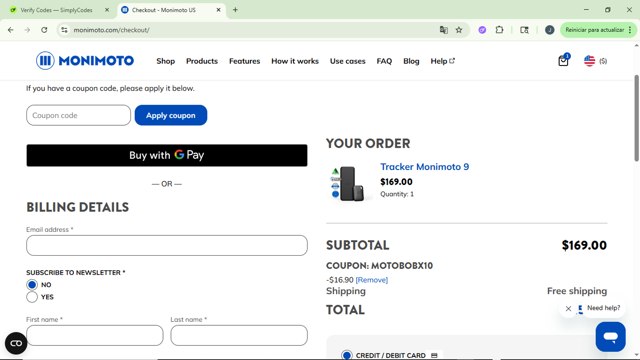 Monimoto checkout page showing Monimoto discount code box | Screenshot taken by SimplyCodes community member on Aug 10, 2025