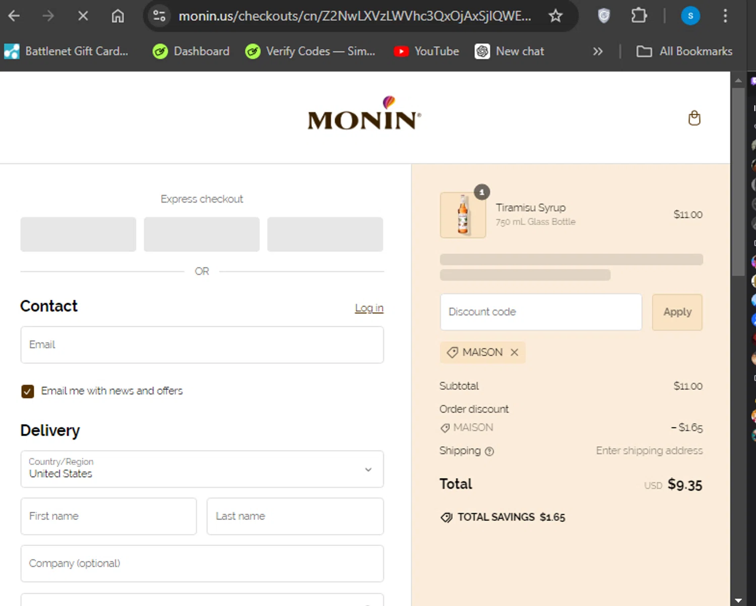 where to use Monin promo code box
