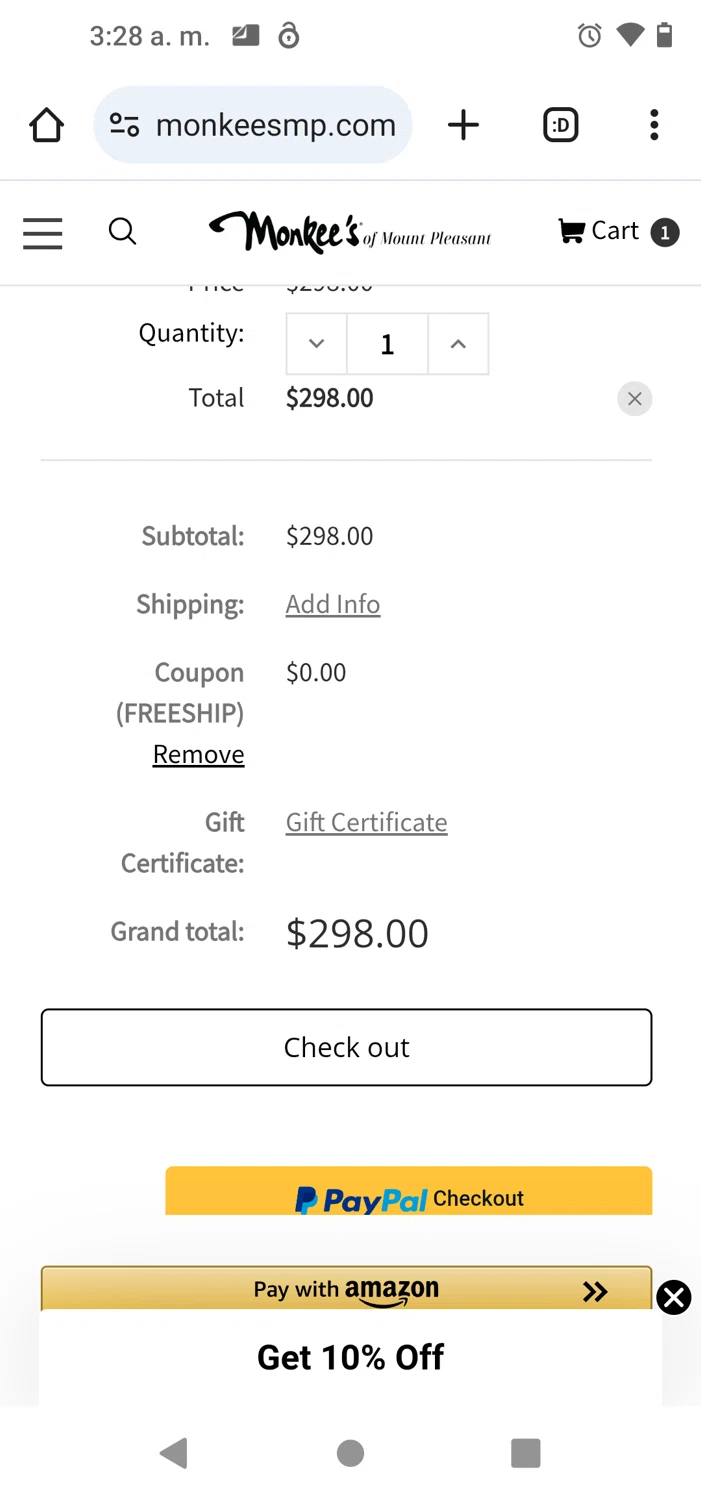 Monkee's of Mount Pleasant checkout page showing Monkee's of Mount Pleasant promo code box | Screenshot taken by SimplyCodes community member on May 17, 2025