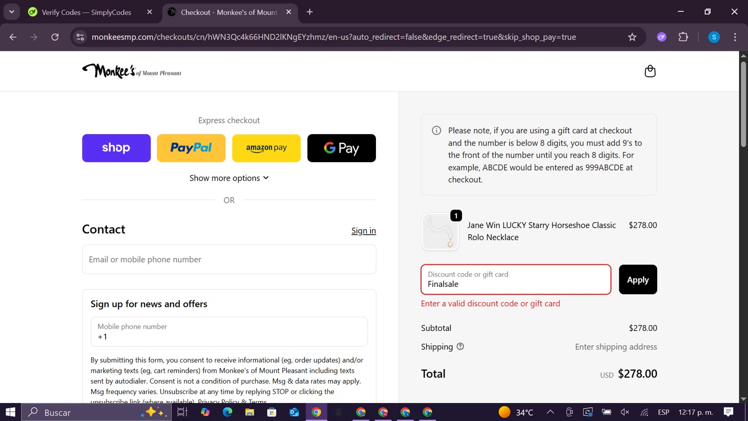 Monkee's of Mount Pleasant promo code screenshot showing code Finalsale applied at Monkee's of Mount Pleasant checkout page. Uploaded by SimplyCodes community member CodeExpert981 on Sep 26, 2025