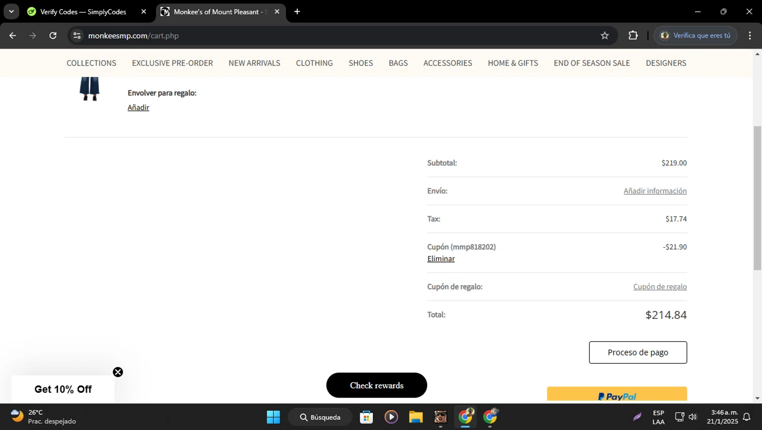 Monkee's of Mount Pleasant promo code screenshot showing code mmp818202 applied at Monkee's of Mount Pleasant checkout page. Uploaded by SimplyCodes community member Tralalelo on Jan 21, 2025