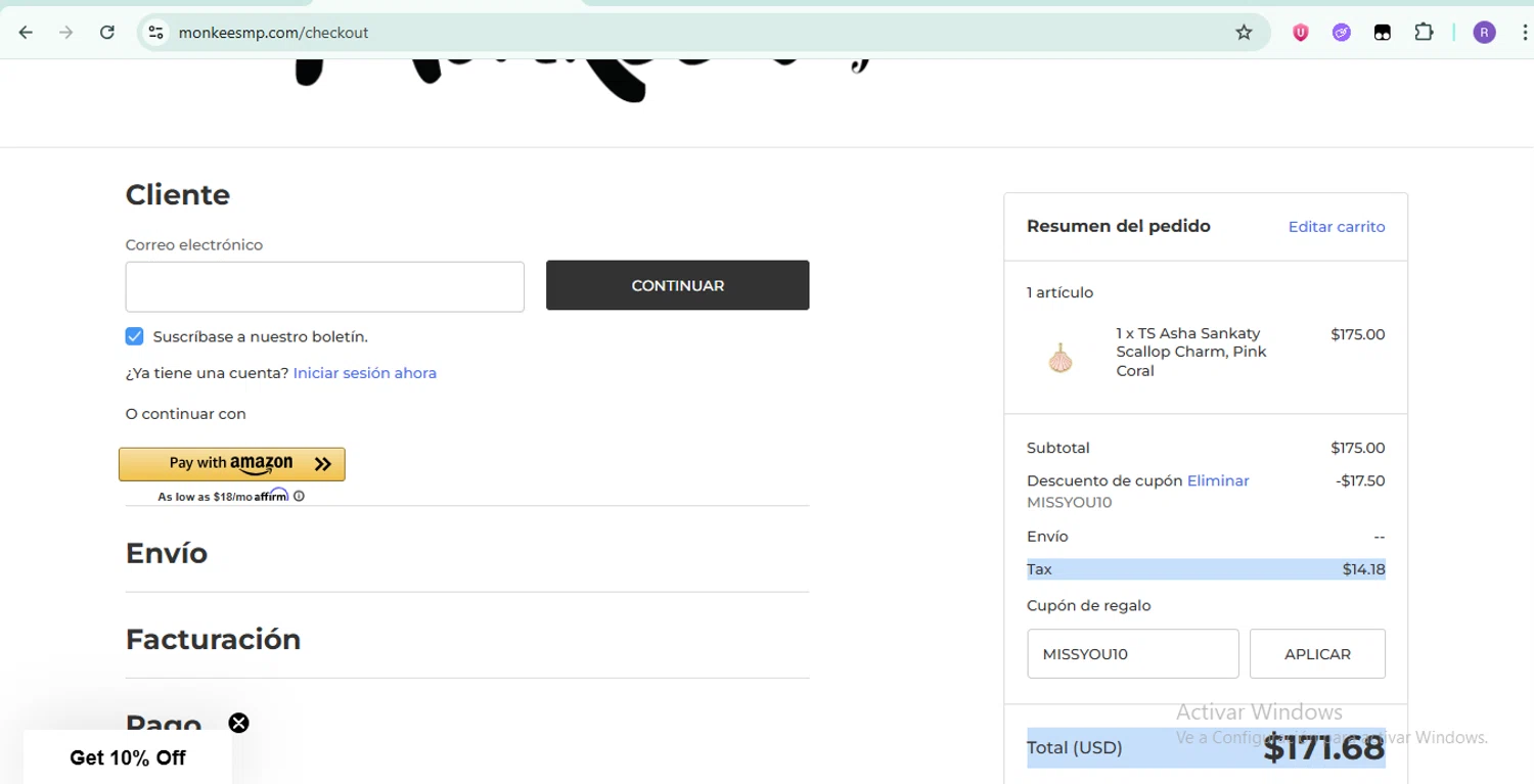 Monkee's of Mount Pleasant promo code screenshot showing code MISSYOU10 applied at Monkee's of Mount Pleasant checkout page. Uploaded by SimplyCodes community member ShrewdTiger1887 on Jul 21, 2025