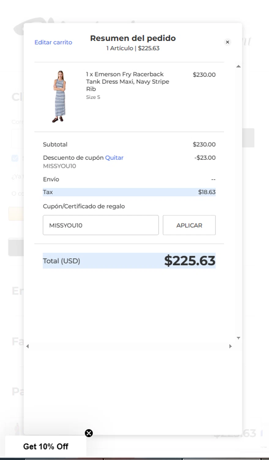 Monkee's of Mount Pleasant promo code screenshot showing code MISSYOU10 applied at Monkee's of Mount Pleasant checkout page. Uploaded by SimplyCodes community member alejandroadrianza on Apr 23, 2025