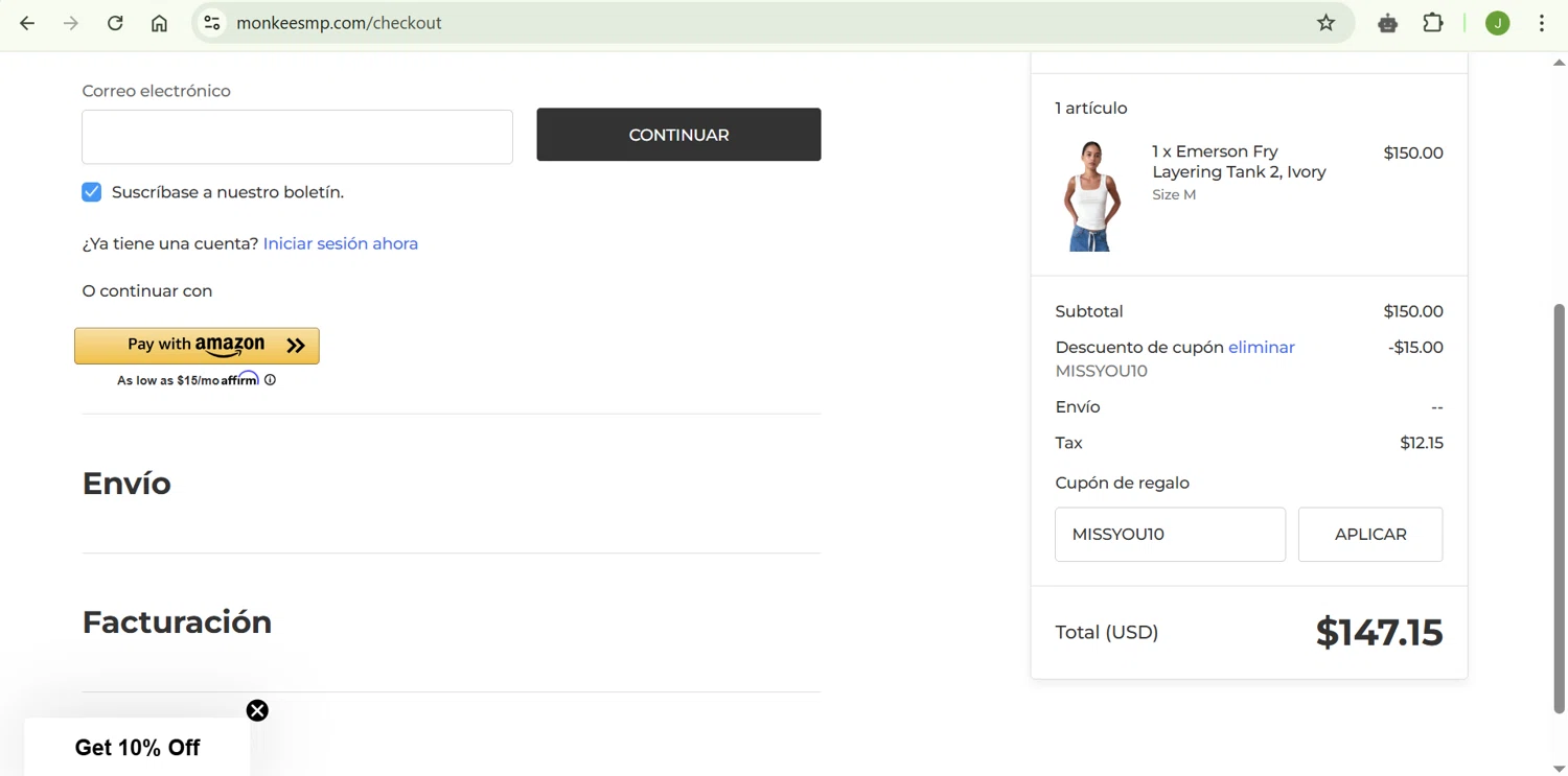 Monkee's of Mount Pleasant promo code screenshot showing code MISSYOU10 applied at Monkee's of Mount Pleasant checkout page. Uploaded by SimplyCodes community member ShrewdChaser7973 on Apr 23, 2025