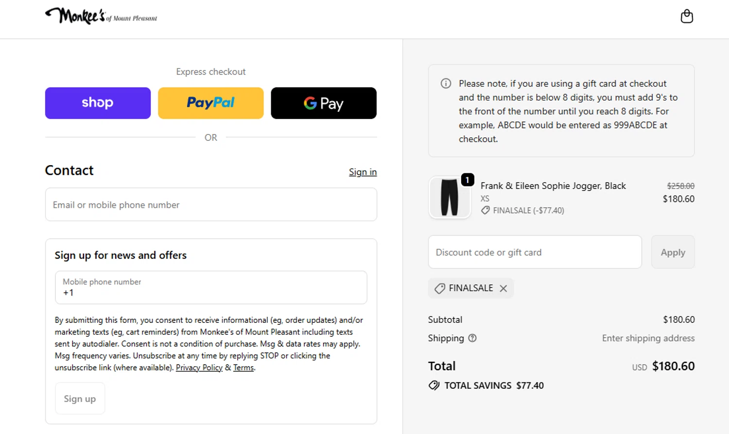 Monkee's of Mount Pleasant promo code screenshot showing code FINALSALE applied at Monkee's of Mount Pleasant checkout page. Uploaded by SimplyCodes community member jesspea on Nov 27, 2025