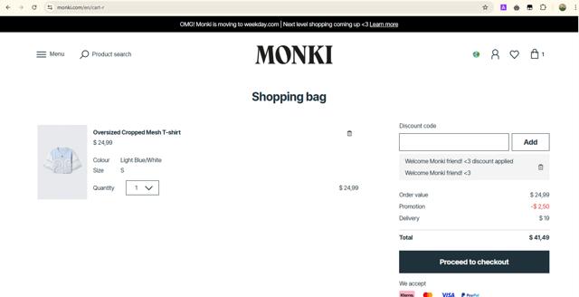 Monki checkout page showing Monki discount code box | Screenshot taken by SimplyCodes community member on May 2, 2025