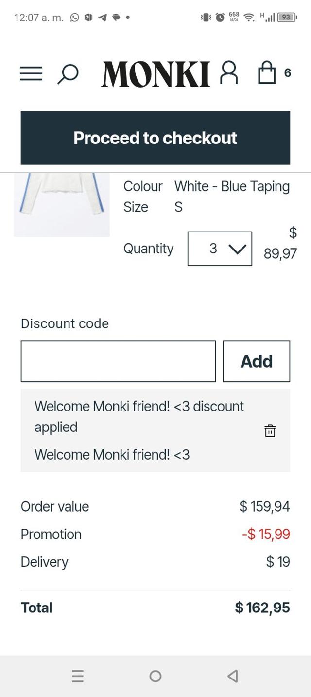 Monki checkout page showing Monki discount code box | Screenshot taken by SimplyCodes community member on Apr 2, 2025