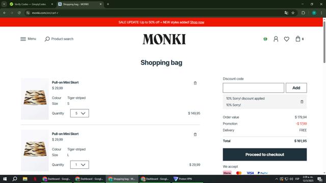 Monki checkout page showing Monki discount code box | Screenshot taken by SimplyCodes community member on Mar 12, 2025