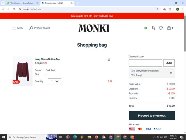 Monki checkout page showing Monki discount code box | Screenshot taken by SimplyCodes community member on Mar 24, 2025