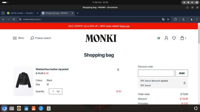 Monki checkout page showing Monki discount code box | Screenshot taken by SimplyCodes community member on Mar 12, 2025