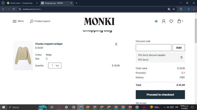 Monki checkout page showing Monki discount code box | Screenshot taken by SimplyCodes community member on Mar 2, 2025