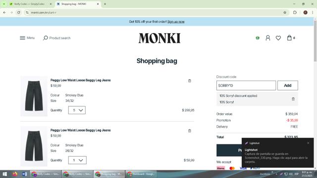 Monki checkout page showing Monki discount code box | Screenshot taken by SimplyCodes community member on Feb 22, 2025