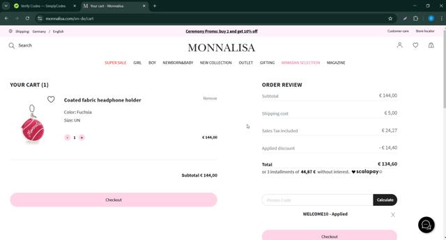 Monnalisa checkout page showing Monnalisa promo code box | Screenshot taken by SimplyCodes community member on Mar 2, 2025