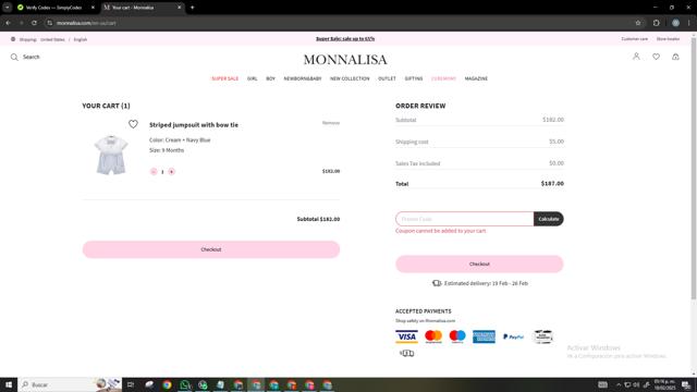 Monnalisa checkout page showing Monnalisa promo code box | Screenshot taken by SimplyCodes community member on Feb 18, 2025