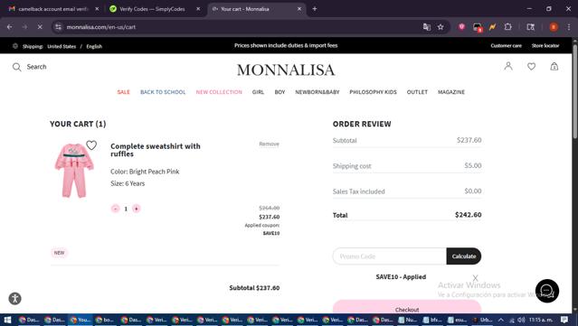 Monnalisa checkout page showing Monnalisa promo code box | Screenshot taken by SimplyCodes community member on Jul 31, 2025